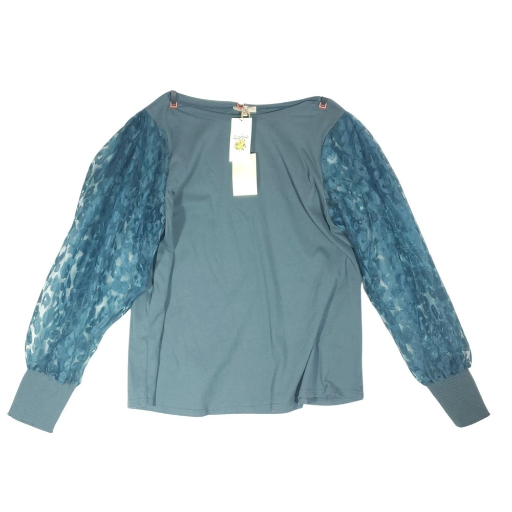 Easel Blouse Womens 1X Blue Teal Sheer‎ Organza Balloon Sleeve NWT